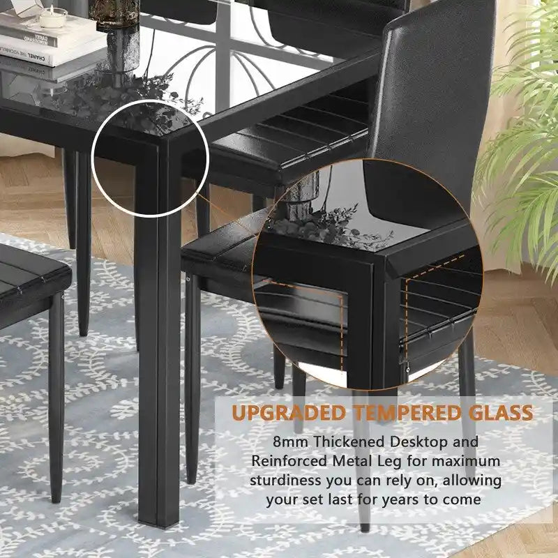 Grondin moderne 7-delige eettafelset met tafelblad van gehard glas en 6 met PU-leer beklede stoelen