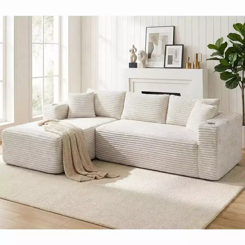 Celebalcony 103 rahmenloses modulares Ecksofa, L-förmige Chaiselongue mit 2 Getränkehaltern, plüschiges Cord-Cloud-Sofa fürs Wohnzimmer, keine Montage erforderlich