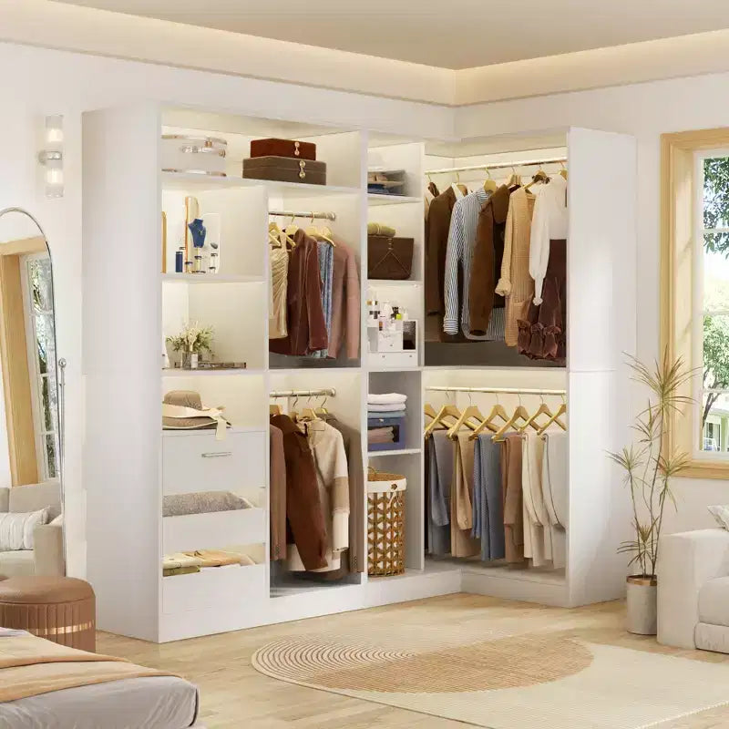 Besiost Set aus 2 Eck-Kleiderschranksystemen mit Regaltürmen, freistehender Kleiderschrank-Organizer mit Schubladen