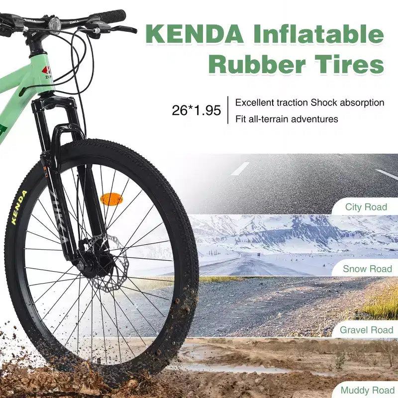 Whisen 26 geveerde mountainbike met derailleur achter met 8 versnellingen, voorvork, KENDA-banden en dubbele schijfremmen