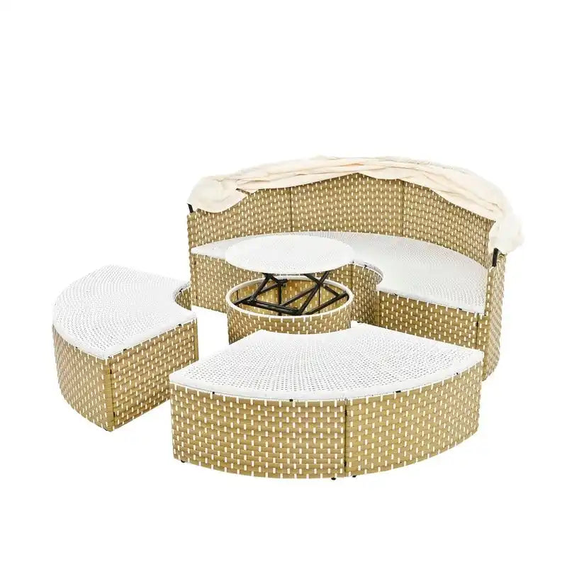 Rundes Outdoor-Tagesbett, Sonnenliege mit zweifarbigem Geflecht und ausziehbarem Sonnendach