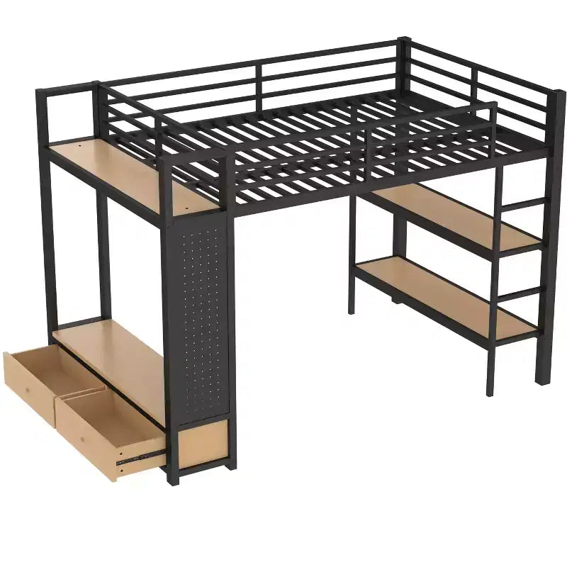 Metall-Hochbett für Full-/Queen-Size-Matratzen, Komplettset mit Kleiderschrank, Ablagefächern und Lochwand, Schwarz - ModernLuxe