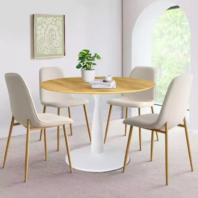 Ensemble de salle à manger rond 5 pièces, table à piètement central de 37 avec plateau effet bois et chaises courbes rembourrées, style moderne-Panipeachy