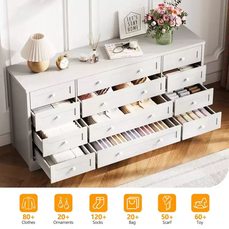 Commode en bois à 12 tiroirs pour chambre, meuble TV moderne et large pour téléviseur de 65 pouces, commode en bois, rangement champêtre pour vêtements dans le salon