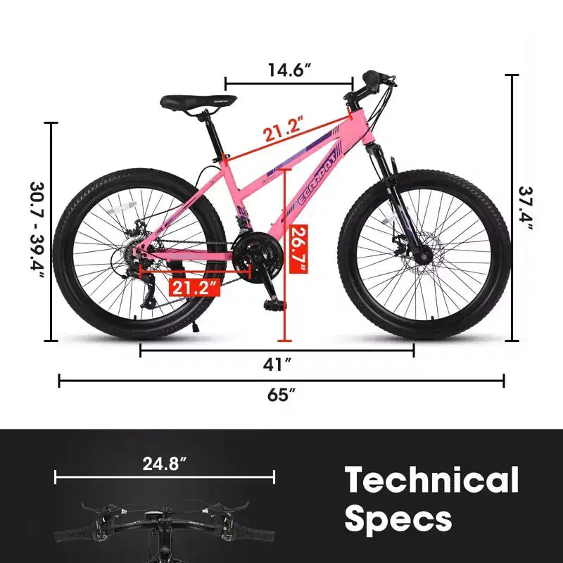 NAYSAYE Bicicletta mountain bike da 26 Inch con cambio a 21 velocità e freni a doppio disco, per adolescenti e donne, rosa, 65*24.8*37.4