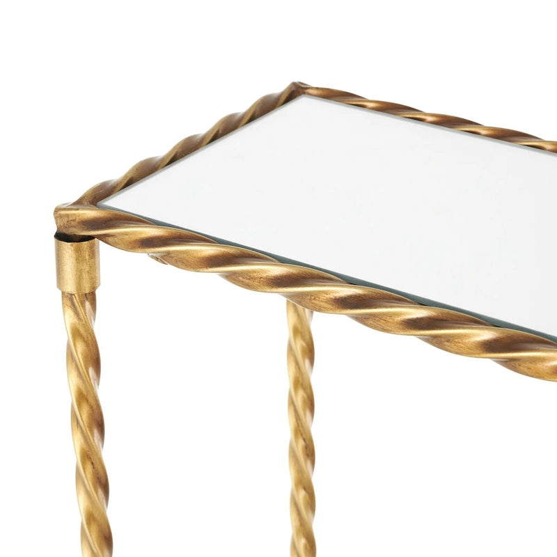 Konsolentisch mit 1 Ablage, inspiriert von gedrehtem Metallseil, mit verspiegelter Glasplatte und Ablage - Gold - Roche River Decor