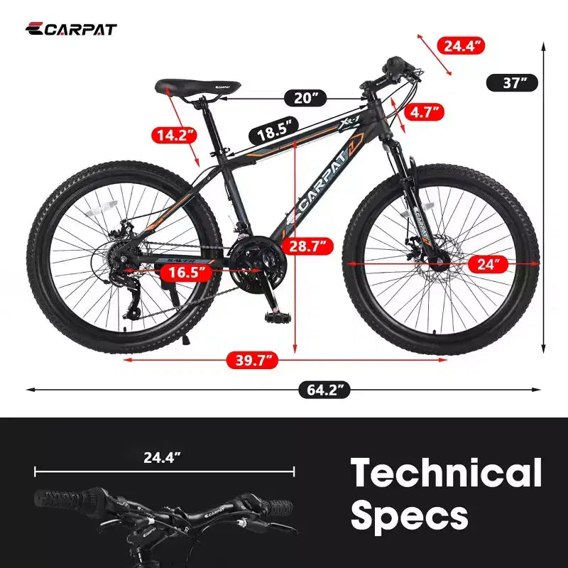 Okak mountainbike van 24 inch met stalen frame, kinderfiets met Shimano 21 versnellingen, dubbele schijfremmen en vering vooraan, fiets voor tieners