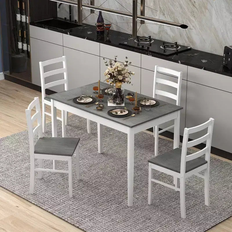 Costway 5-delige eetkamerset van massief hout, keukenmeubels met rechthoekige tafel en 4 stoelen, naturel/koffiekleur/grijs