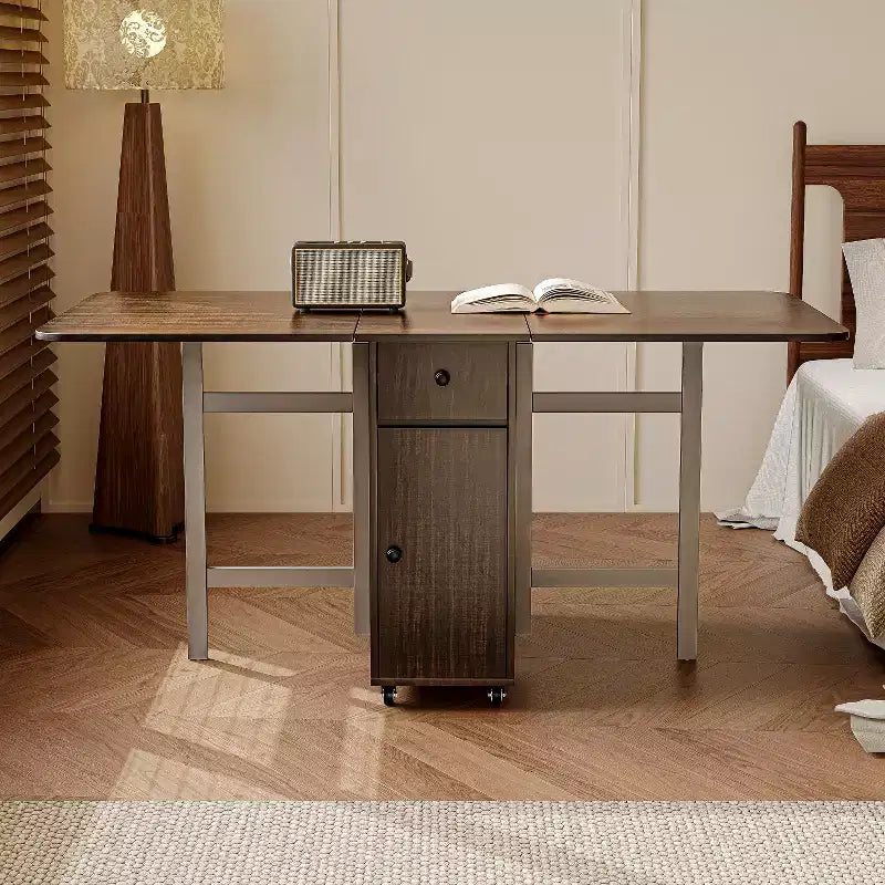 ATJafurn opklapbare eettafel van 59 inch met neerklapbare bladen voor kleine ruimtes, rechthoekige uitschuifbare houten keukentafel met wielen en opbergruimte
