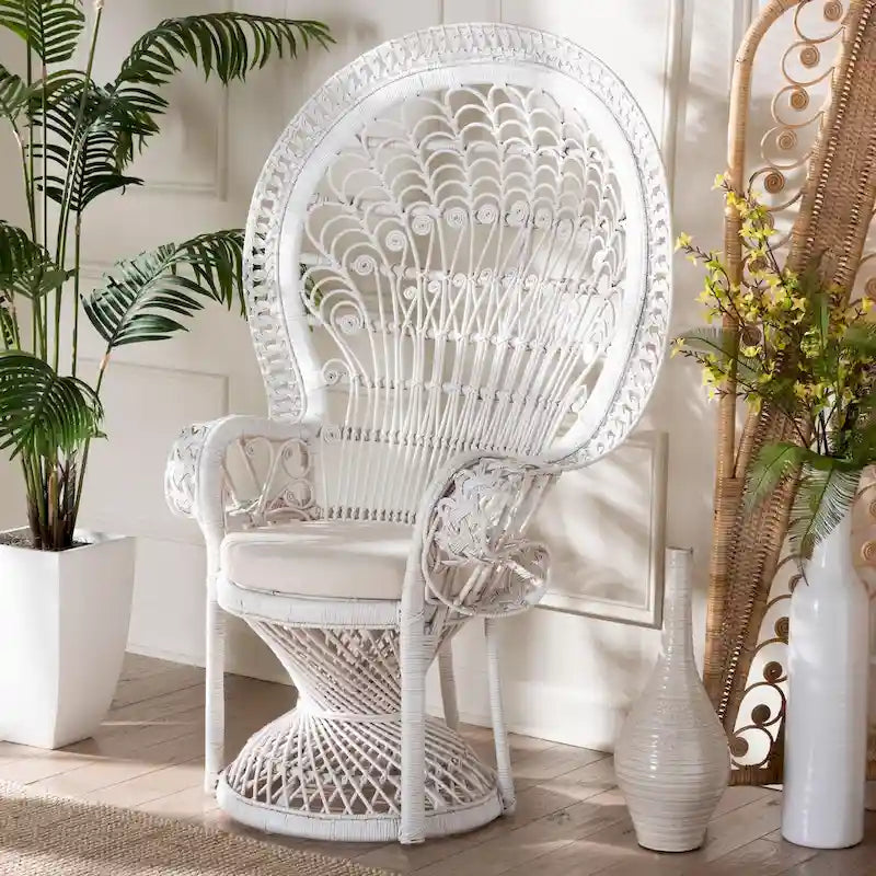 Poltrona pavone Kallima moderna in stile bohémien, bianca e in rattan naturale