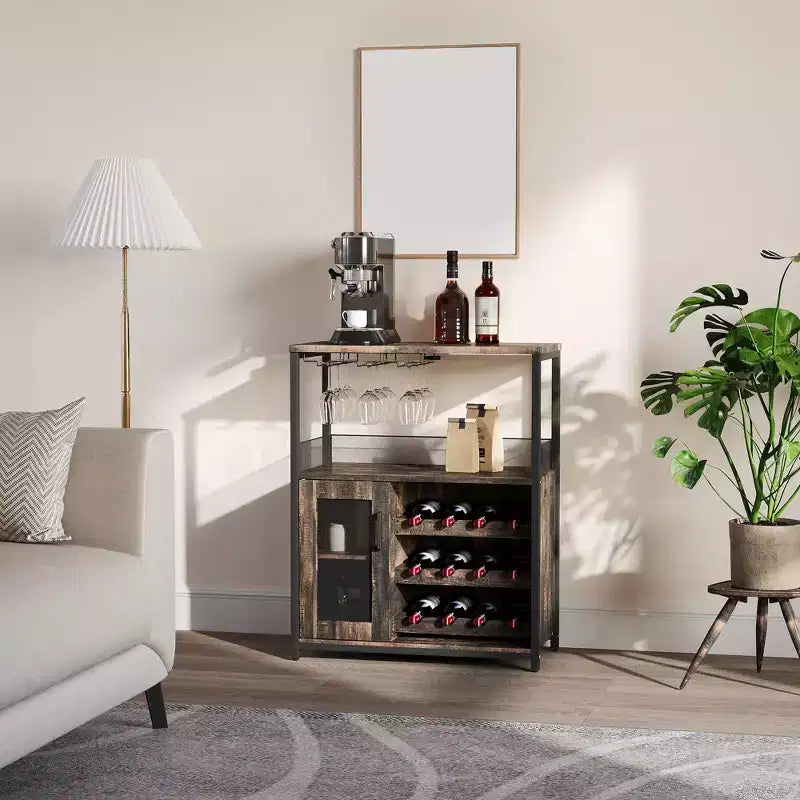 Grijze industriële wijnkast met 3 niveaus (12+ flessen) 36H x 24W x 15D, afneembaar rek, 9 glashouders en verstelbare planken voor thuis of de bar