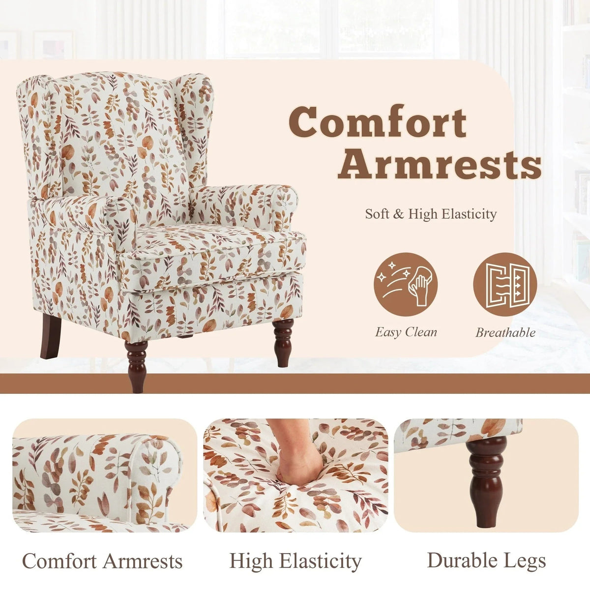 Erommy moderne fauteuil, fauteuil met hoge rugleuning, gestoffeerde eenzitsbank met knopen en houten poten voor de woonkamer