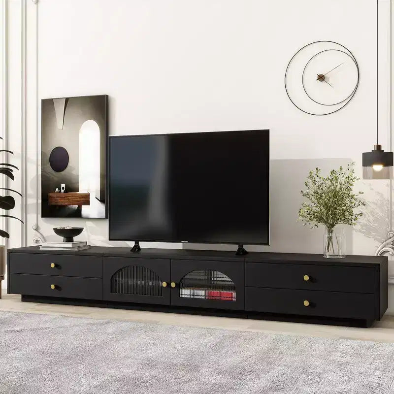 Tv-meubel voor een tv van 95 inch, extra lange mediaconsole met 2 deuren en 4 laden, grote tv-opbergkast en entertainmentcentrum met geribbelde glazen deuren
