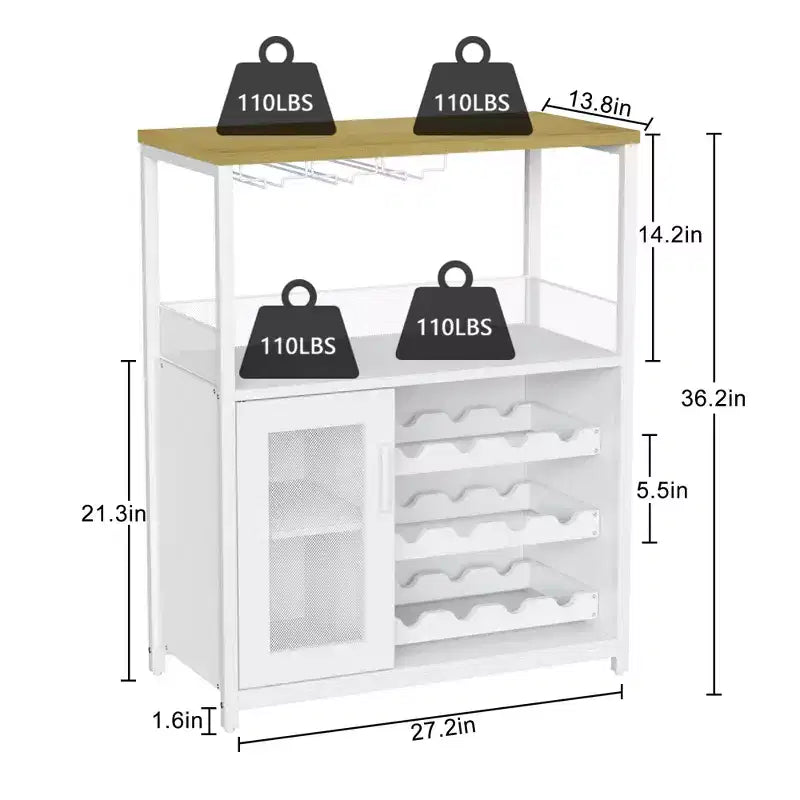 Grijze industriële wijnkast met 3 niveaus (12+ flessen) 36H x 24W x 15D, afneembaar rek, 9 glashouders en verstelbare planken voor thuis of de bar