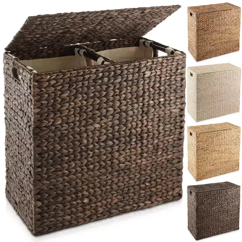 Panier à linge Casafield à 2 compartiments avec couvercle et sacs doublure amovibles, panier de tri tressé en jacinthe d’eau pour vêtements