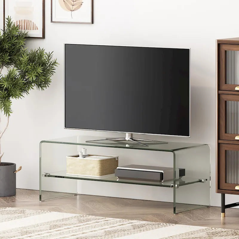 Meuble TV transparent de 39.37 avec dos ouvert et étagère en verre pour téléviseurs jusqu’à 39