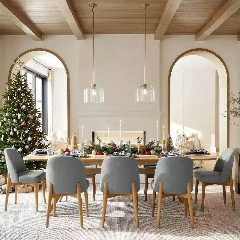 9-teiliges Esszimmer-Set für 8 Personen, ausziehbarer Tisch mit Säulengestell und gepolsterten Stühlen mit Massivholzbeinen-Panipeachy