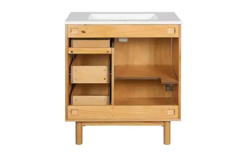 Mobiletto bagno in ceramica JVNOXK da 30 pollici, stile rustico moderno, con 3 cassetti e 1 grande anta a chiusura ammortizzata, mobile contenitore, venatura naturale del legno