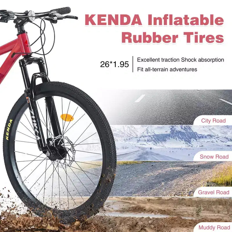 Whisen 26 geveerde mountainbike met derailleur achter met 8 versnellingen, voorvork, KENDA-banden en dubbele schijfremmen