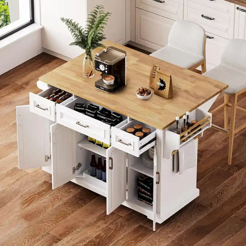 Isola da cucina grande da 54  con piano ribaltabile in legno di caucciù, carrello da cucina con texture in rilievo, 4 ruote, 4 ante e 3 cassetti