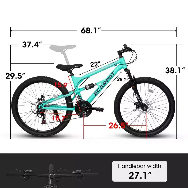 Vélo de montagne NAYSAYE 26 Inch pour adulte, cadre en acier, 21 vitesses, fourche à suspension, pour les sorties en plein air, bleu, 68.00*27.00*38.00