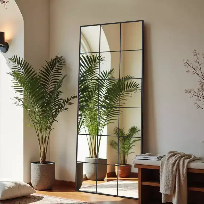 Specchio a figura intera rettangolare nero 69x30, con cornice in metallo e riquadri a finestra, per bagno, camera da letto, ingresso e soggiorno