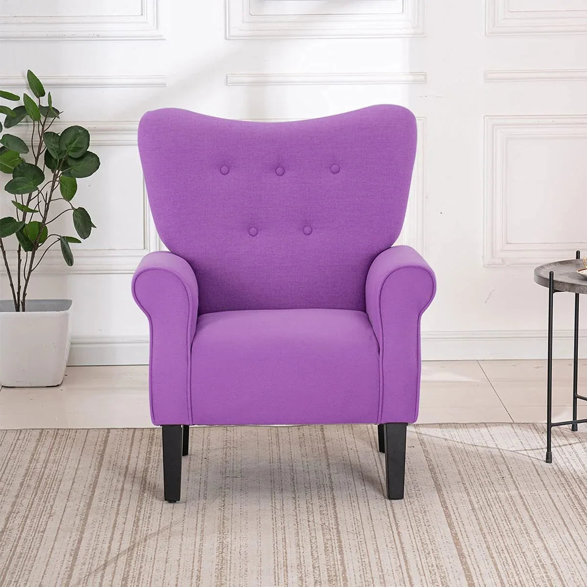 Erommy moderne fauteuil, fauteuil met hoge rugleuning, gestoffeerde eenzitsbank met knopen en houten poten voor de woonkamer