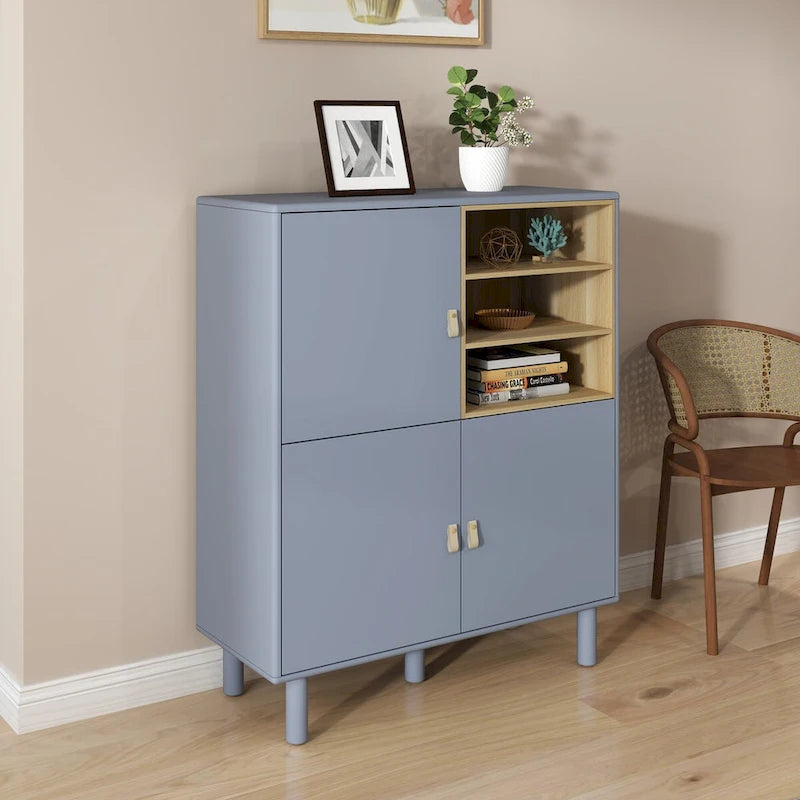 Multifunktionaler Aufbewahrungsschrank mit Tür, modernes Sideboard, Aufbewahrungsschrank aus Holz, Schubladenschrank mit Ledergriffen