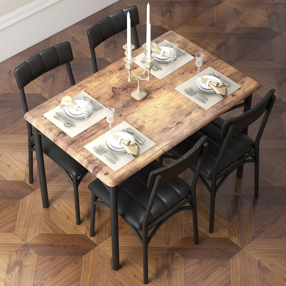 Set da pranzo con tavolo rettangolare per 4 persone e sedie imbottite