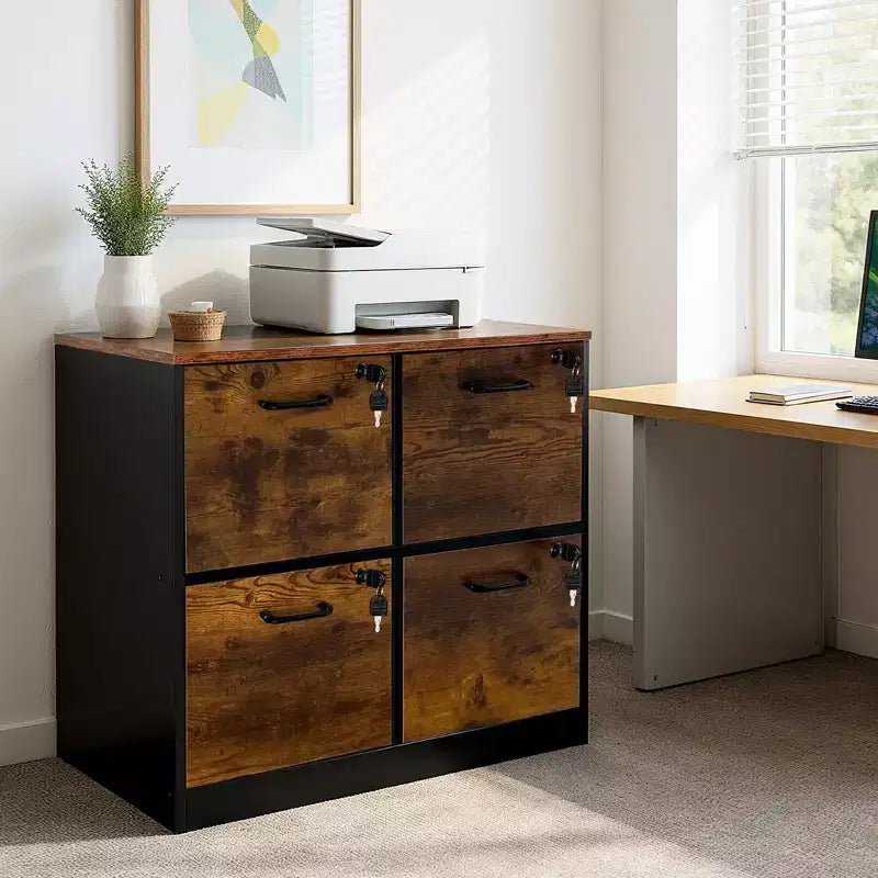 Classeur à 4 tiroirs avec serrure et support pour imprimante, meuble de classement en bois pour bureau à domicile, rangement avec rail de suspension réglable