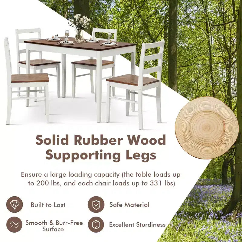 Costway 5-delige eetkamerset van massief hout, keukenmeubels met rechthoekige tafel en 4 stoelen, naturel/koffiekleur/grijs