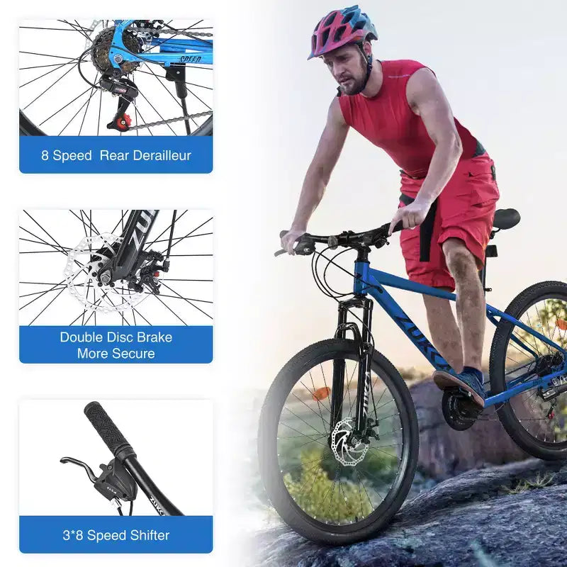 Whisen 26 geveerde mountainbike met derailleur achter met 8 versnellingen, voorvork, KENDA-banden en dubbele schijfremmen