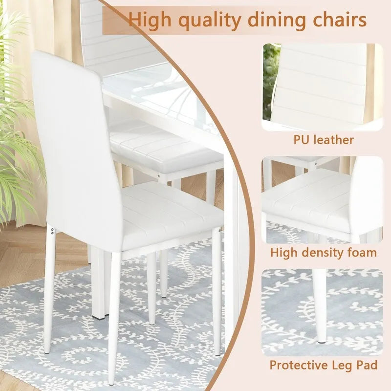 Grondin moderne 7-delige eettafelset met tafelblad van gehard glas en 6 met PU-leer beklede stoelen
