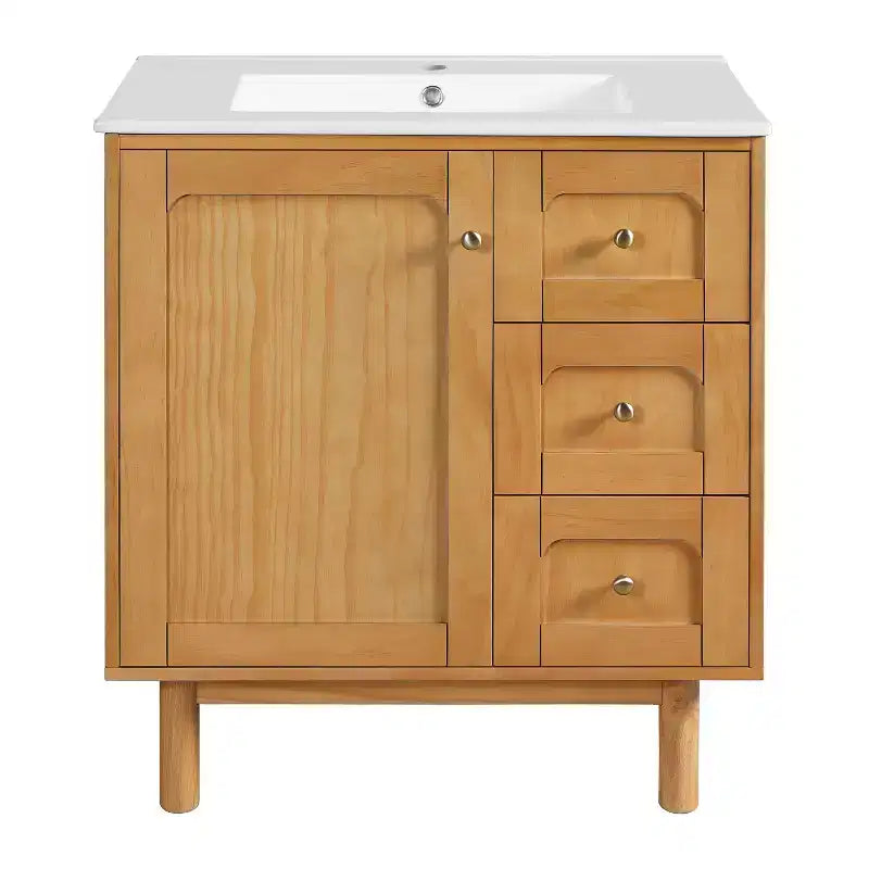 Mobiletto bagno in ceramica JVNOXK da 30 pollici, stile rustico moderno, con 3 cassetti e 1 grande anta a chiusura ammortizzata, mobile contenitore, venatura naturale del legno