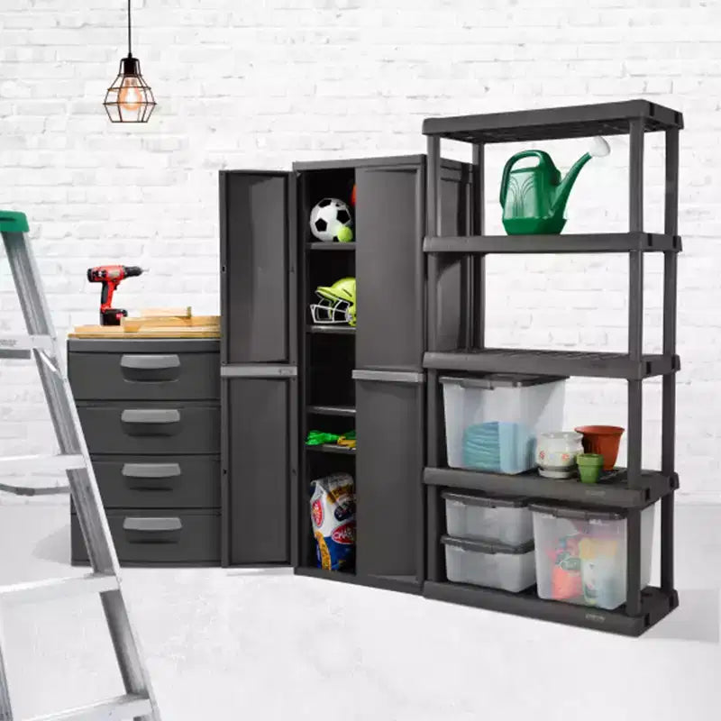 Sterilite set van 2 verstelbare garage-opbergkasten met 4 planken en opbergbakken, grijs
