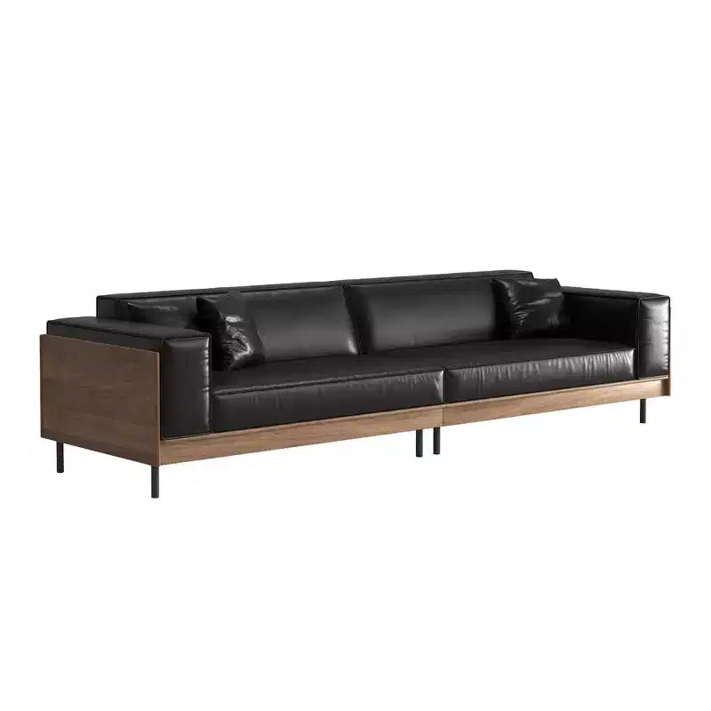 Divano contemporaneo in pelle da 98.42 con struttura in legno massello, gambe in metallo e 3 cuscini decorativi