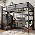 Bellemave metalen hoogslaper in queensize met bureau, opbergplanken en kledingroede, ruimtebesparend hoogslaperframe met veiligheidsrelingen en ladder, geen bedbodem nodig, zwart
