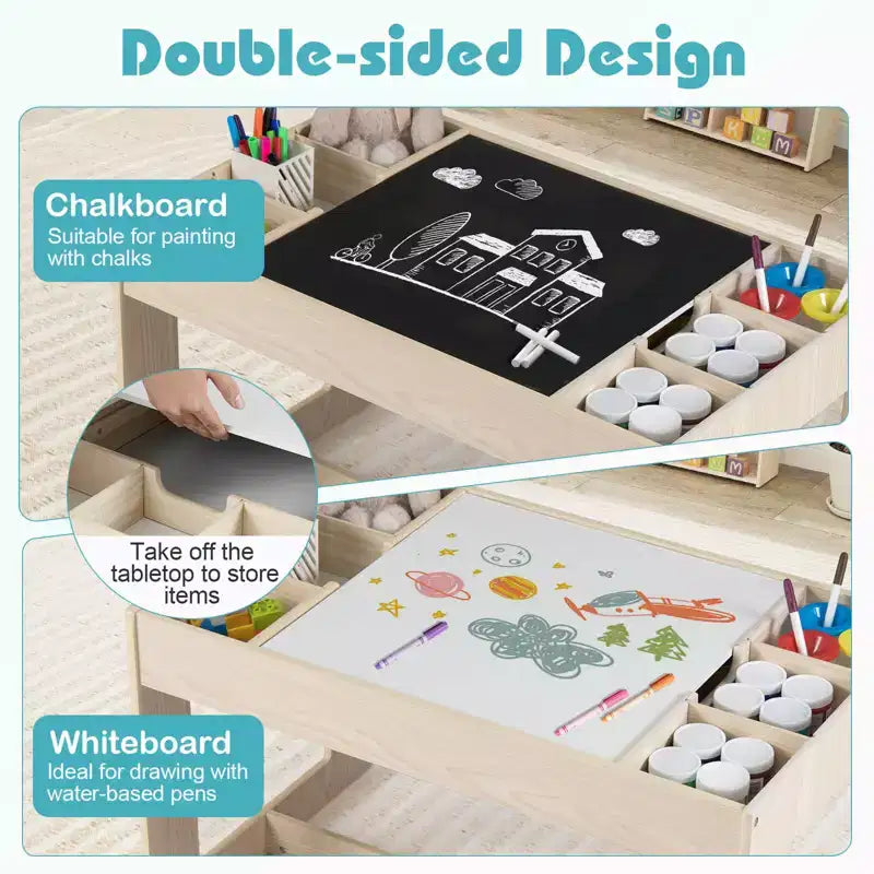 Costway multifunktionales Kindertisch- und 2-Stühle-Set mit abnehmbarer, doppelt großer Tischplatte, Grau + Weiß/Natur + Weiß