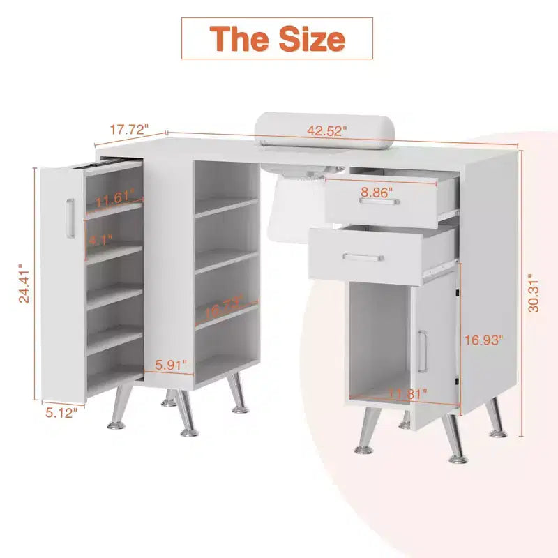 Table de manucure GustoWave de 42.5 in avec repose-poignets et aspirateur à poussière, bureau à ongles avec casier vertical coulissant, blanc