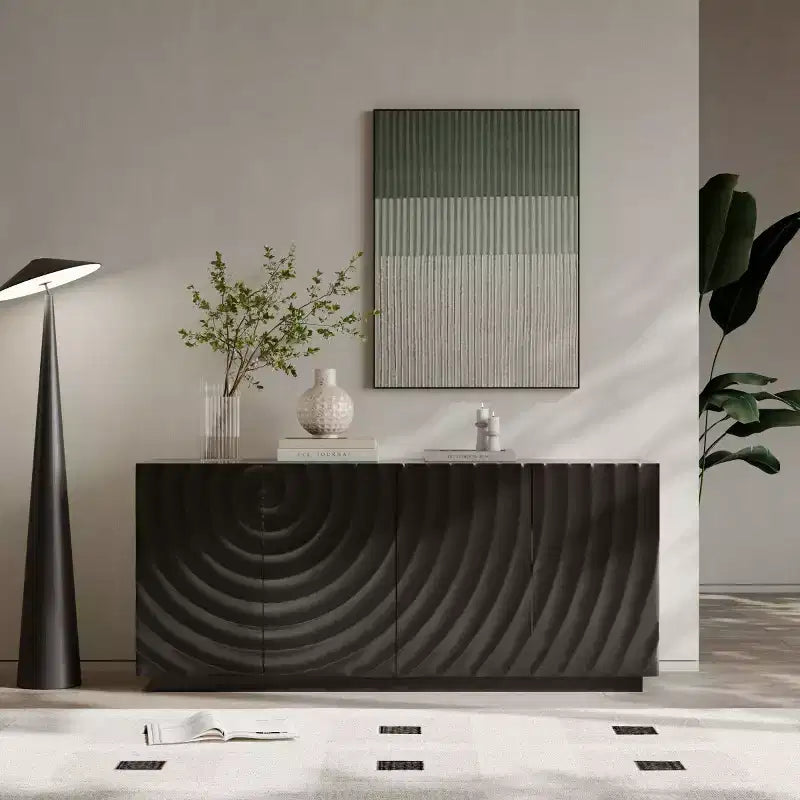 Credenza moderna a spirale 59, mobile contenitore basso per ingresso con ante dalla texture ondulata 3D