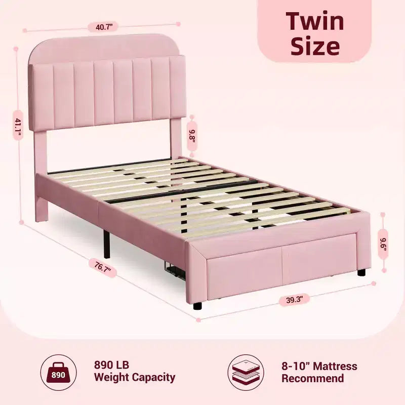 Lot de 2 cadres de lit simple avec tiroirs de rangement et tête de lit, revêtement en velours, profil bas, silencieux, montage facile, rose