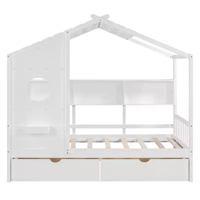 Whisen Hausbett in Einzelgröße für Kinder, Spielhausbett mit 2 Schubladen und Ablage