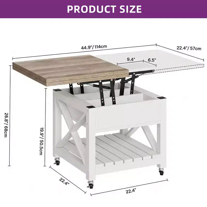 Table basse carrée 3-en-1 à plateau relevable, avec roulettes et tabourets, table à manger multifonction à 2 niveaux avec rangements cachés et ouverts, pour salon et salle à manger