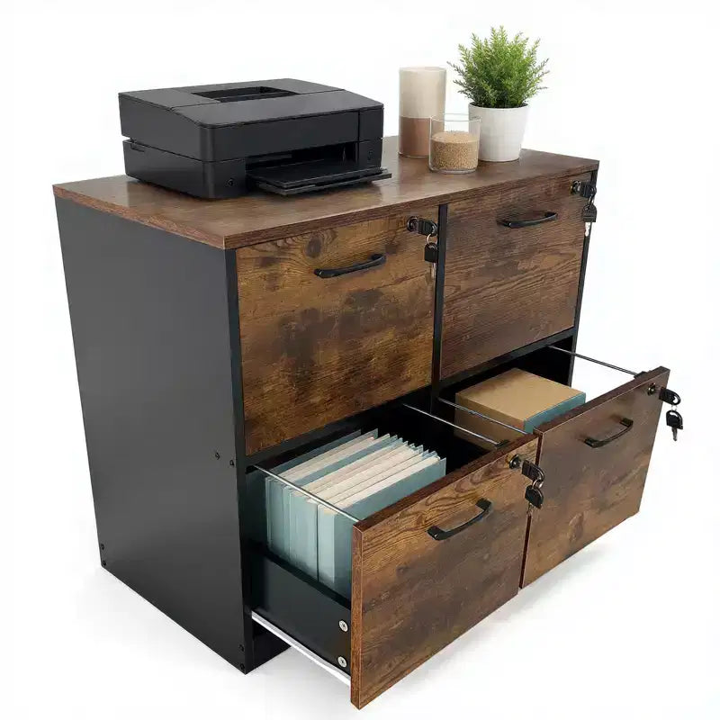 Classeur à 4 tiroirs avec serrure et support pour imprimante, meuble de classement en bois pour bureau à domicile, rangement avec rail de suspension réglable