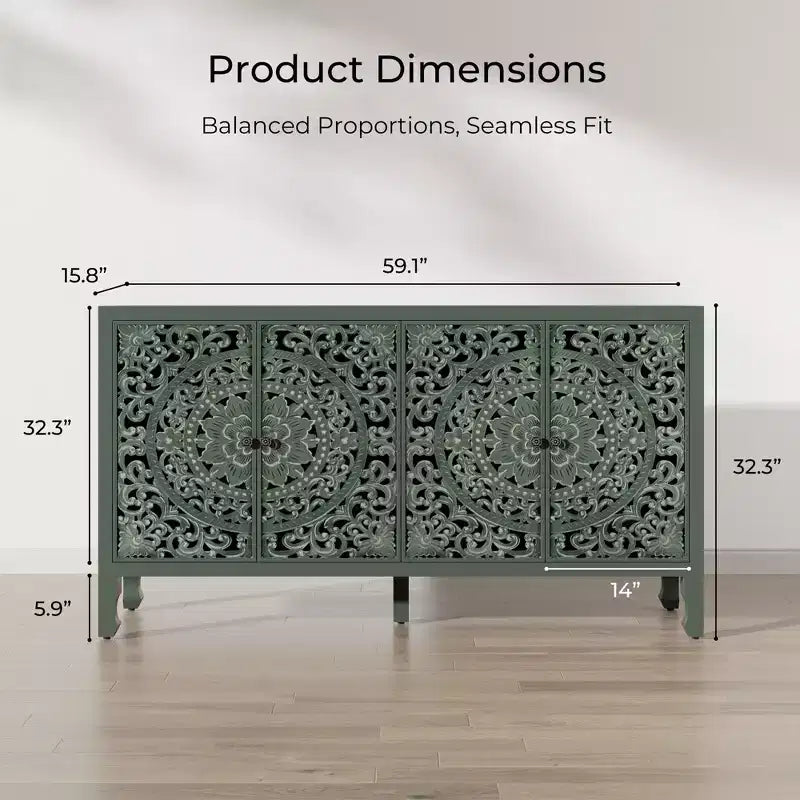 Credenza con contenitore, mobile contenitore dall'aspetto vissuto con 4 ante intagliate e ripiano regolabile, credenza decorativa in legno