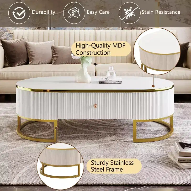 Table basse moderne 47W avec tiroirs, profil incurvé, pieds en métal doré, ovale, blanc et or - ModernLuxe