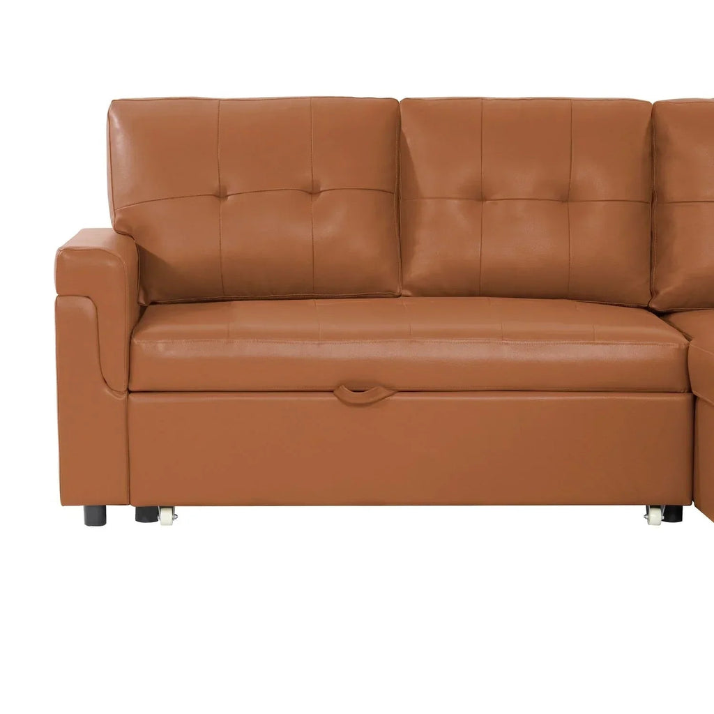 Umbaubares, beidseitig montierbares Ecksofa mit ausziehbarem Schlafbett, verstecktem Stauraum in der Recamiere und robusten Beinen
