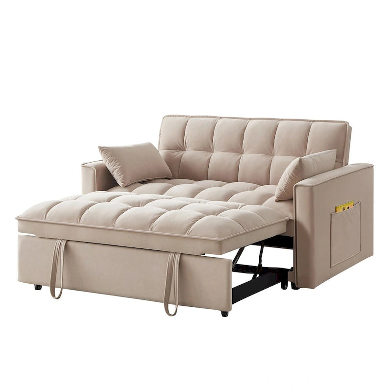 4-in-1-Zweisitzer-Schlafsofa mit Armlehnen und Aufbewahrungstaschen, multifunktionales, getuftetes Ausziehsofa mit verstellbarer Rückenlehne