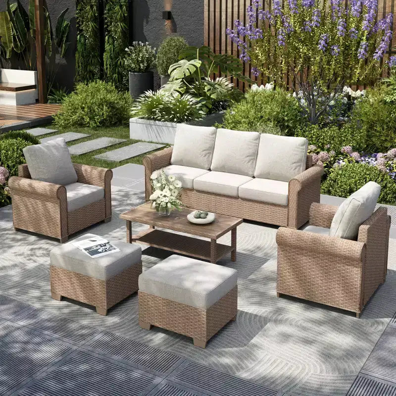 Captiva Designs 6-teiliges luxuriöses Gartensofa-Set aus Korbgeflecht mit geschwungenen Armlehnen und Kissen