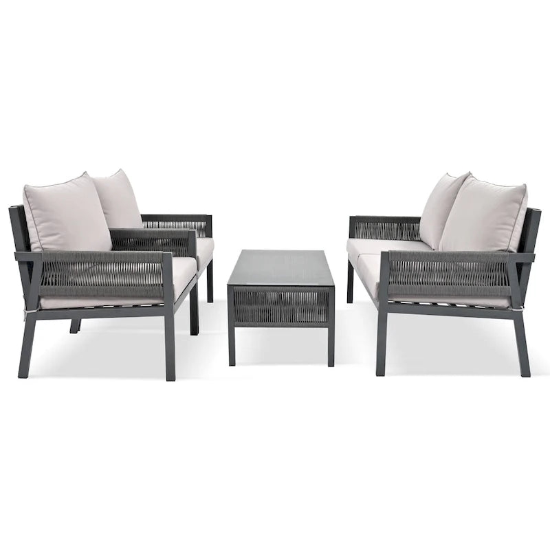 4-delige tuinmeubelset, loungeset voor buiten met tafel van gehard glas, diepe zit en dikke kussens